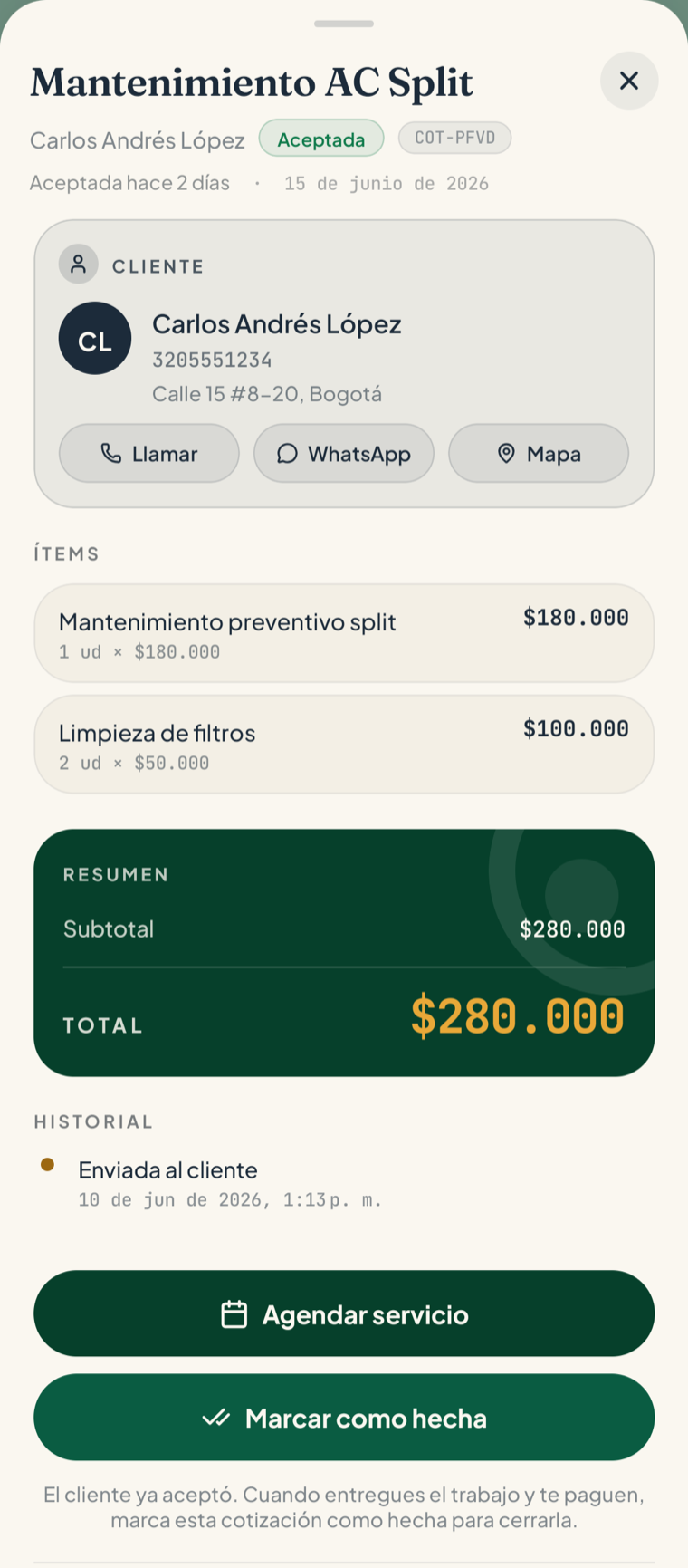 Cotización formal en Trato: aceptada, con ítems, total y anticipo